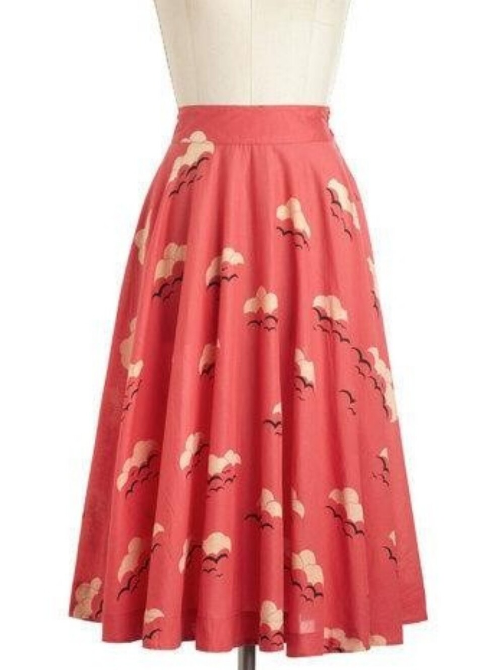 Coral Midi Skirt with Cream Cloud and Black Bird Silhouette Print